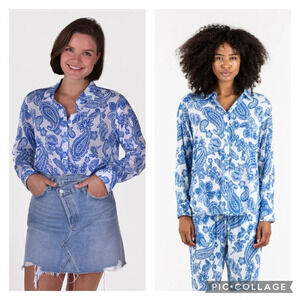 Xirena Beau Santorini Button Down Blouse Floral Paisley White Blue XS Cotton‎